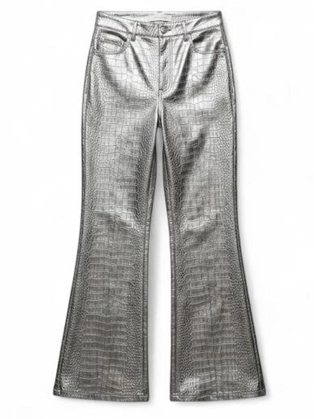 Avec Les Filles Silver Metallic Croc Embossed High Waisted Flare Pants Size 10